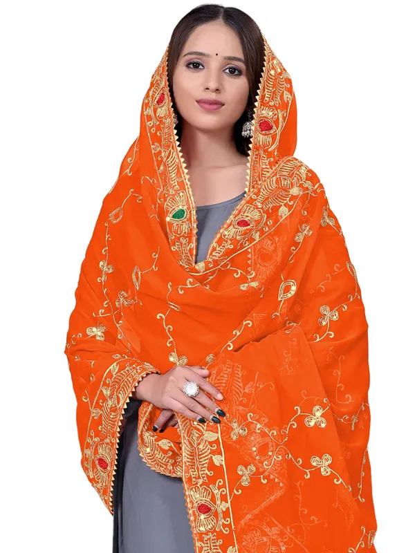 Embroidered_Georgette_Dupatta_With_Sequin_Work_Lace_Border_Orange