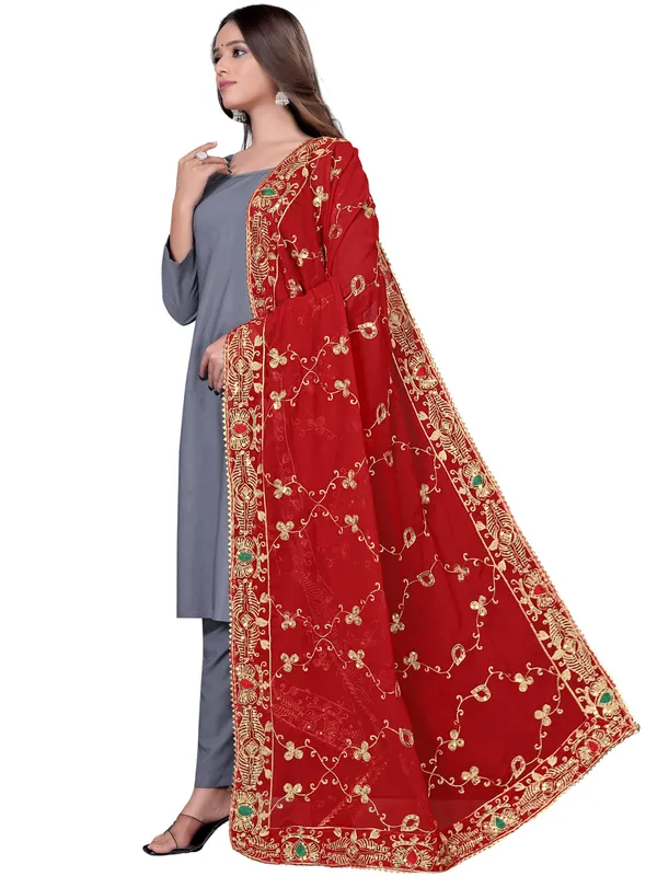 Embroidered_Georgette_Dupatta_With_Sequin_Work_Lace_Border_Red