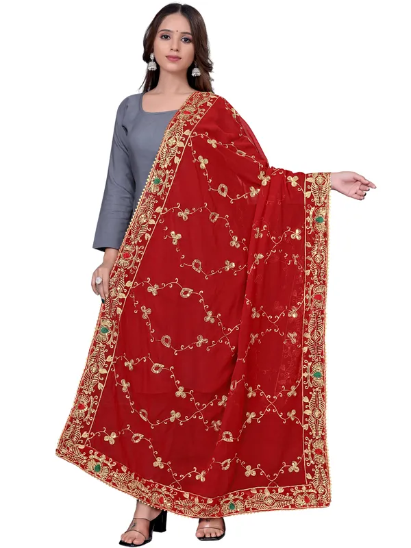 Embroidered_Georgette_Dupatta_With_Sequin_Work_Lace_Border_Red