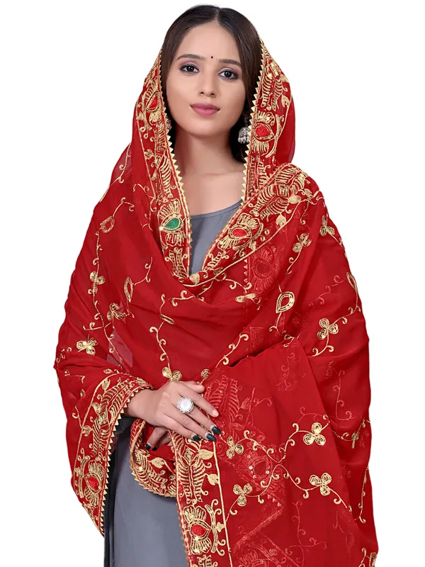 Embroidered_Georgette_Dupatta_With_Sequin_Work_Lace_Border_Red