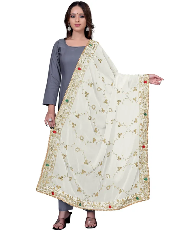 Embroidered_Georgette_Dupatta_With_Sequin_Work_Lace_Border_White