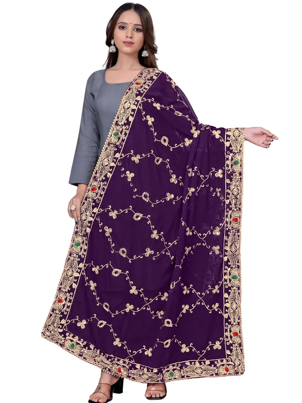 Embroidered_Georgette_Dupatta_With_Sequin_Work_Lace_Border_Wine