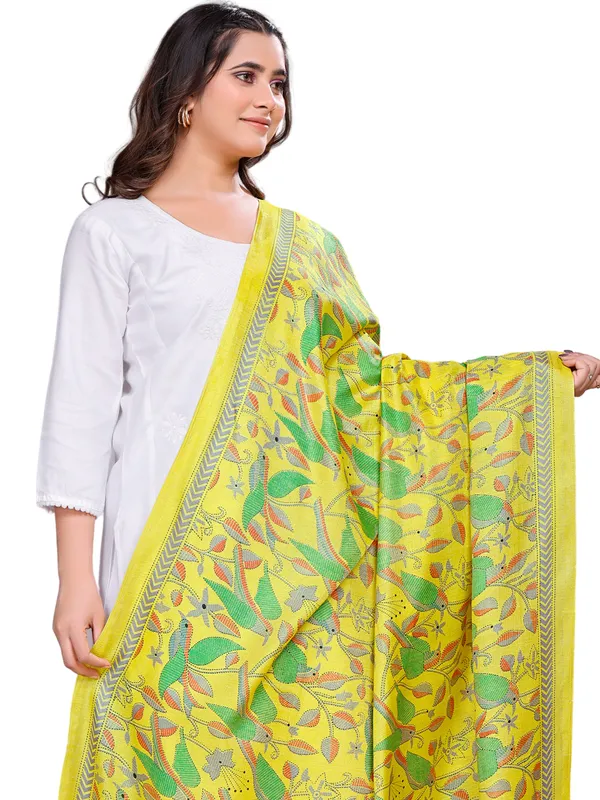 Kantha_Style_Bird_Print_Cotton_Silk_Dupatta_With_Tassels_Yellow