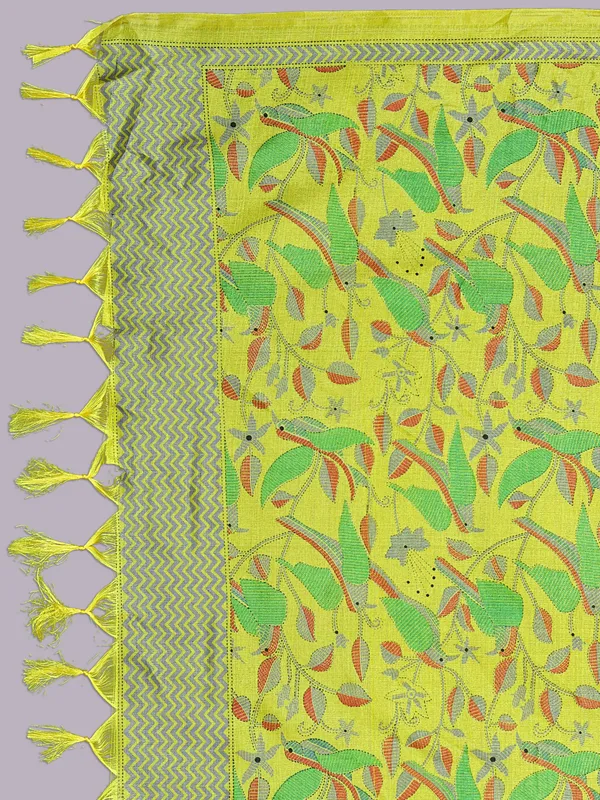 Kantha_Style_Bird_Print_Cotton_Silk_Dupatta_With_Tassels_Yellow