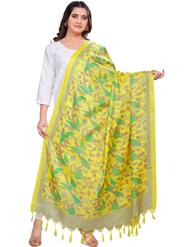 Kantha_Style_Bird_Print_Cotton_Silk_Dupatta_With_Tassels_Yellow