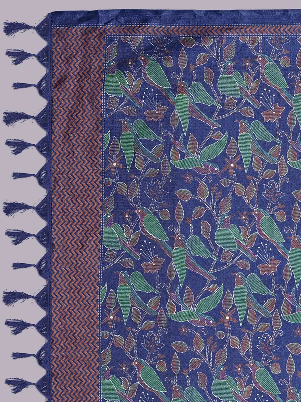 Kantha_Style_Bird_Print_Cotton_Silk_Dupatta_With_Tassels_Navy_Blue