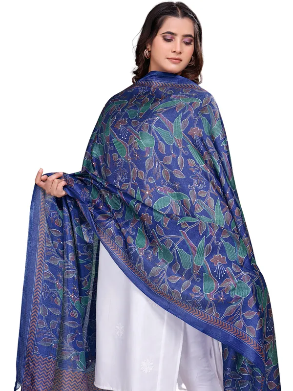 Kantha_Style_Bird_Print_Cotton_Silk_Dupatta_With_Tassels_Navy_Blue