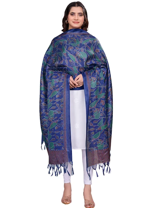Kantha_Style_Bird_Print_Cotton_Silk_Dupatta_With_Tassels_Navy_Blue