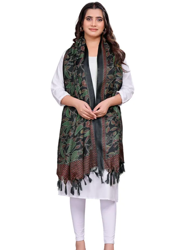 Kantha_Style_Bird_Print_Cotton_Silk_Dupatta_With_Tassels_Black