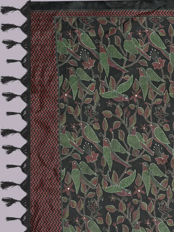 Kantha_Style_Bird_Print_Cotton_Silk_Dupatta_With_Tassels_Black