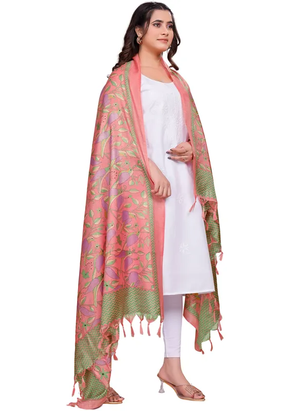 Kantha_Style_Bird_Print_Cotton_Silk_Dupatta_With_Tassels_Peach