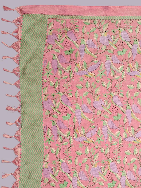 Kantha_Style_Bird_Print_Cotton_Silk_Dupatta_With_Tassels_Peach