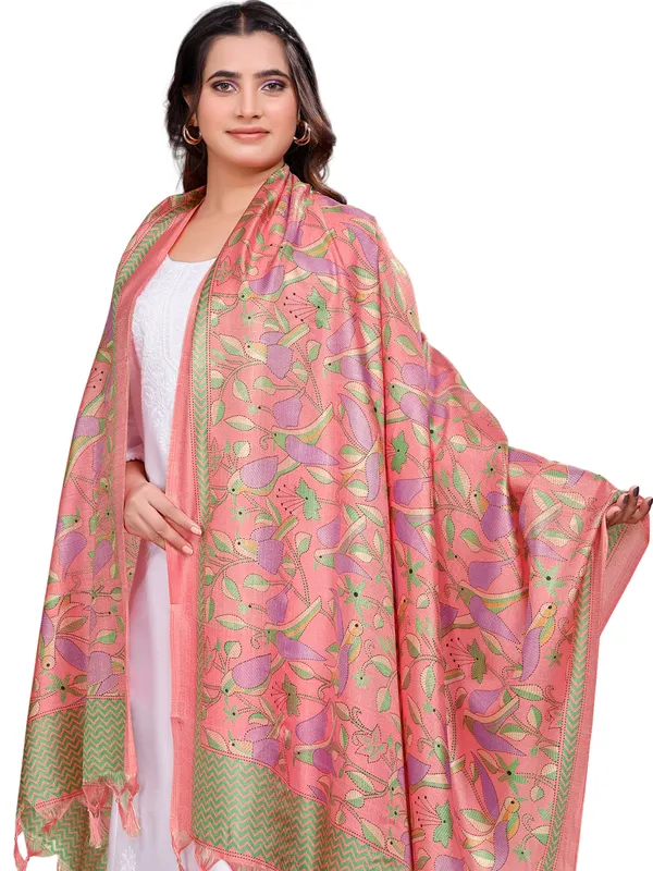 Kantha_Style_Bird_Print_Cotton_Silk_Dupatta_With_Tassels_Peach