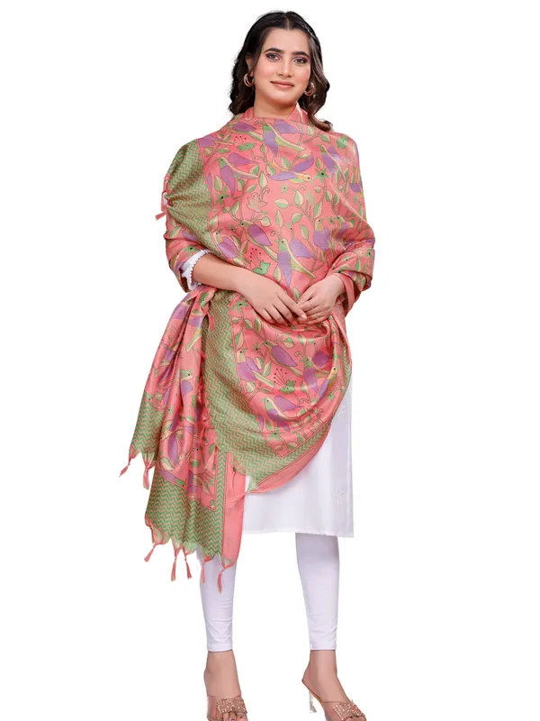 Kantha_Style_Bird_Print_Cotton_Silk_Dupatta_With_Tassels_Peach