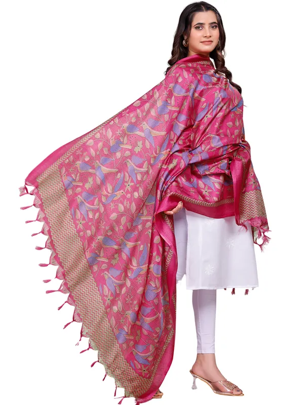 Kantha_Style_Bird_Print_Cotton_Silk_Dupatta_With_Tassels_Pink