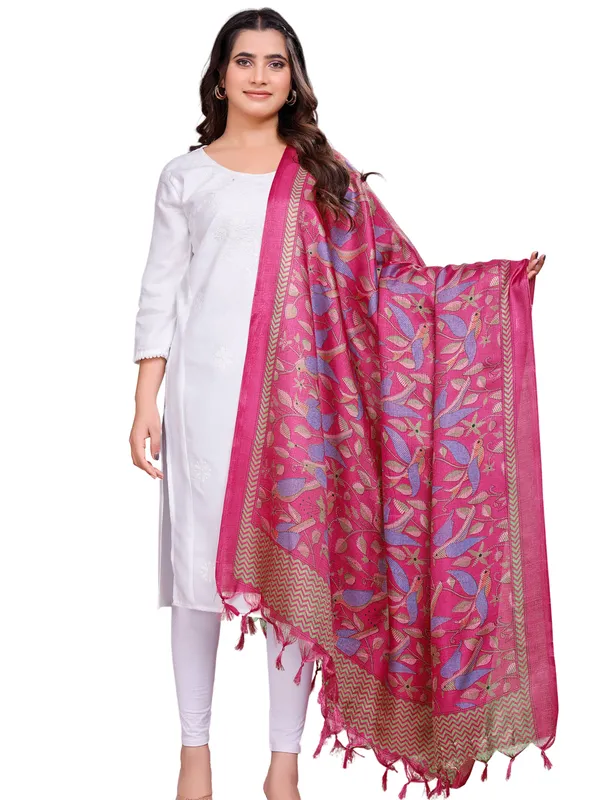 Kantha_Style_Bird_Print_Cotton_Silk_Dupatta_With_Tassels_Pink