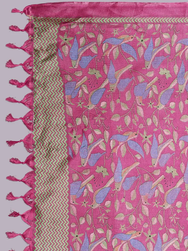 Kantha_Style_Bird_Print_Cotton_Silk_Dupatta_With_Tassels_Pink