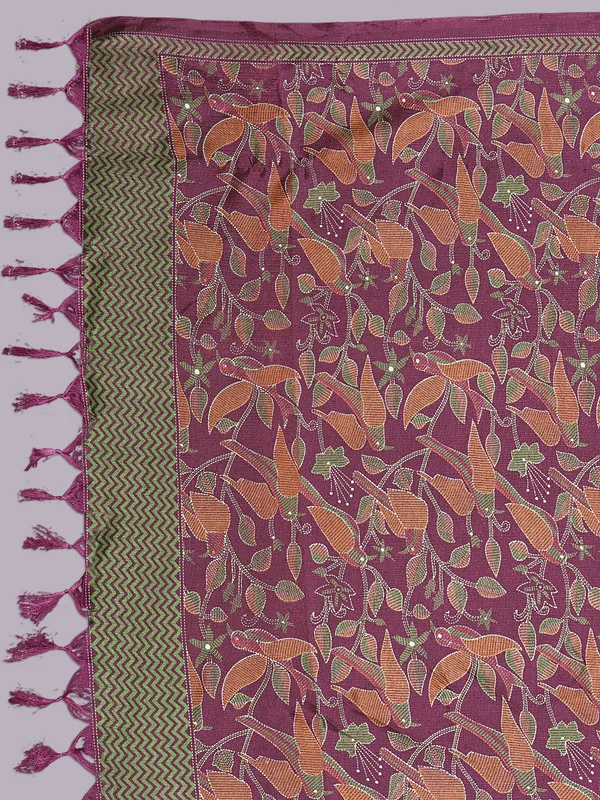 Kantha_Style_Bird_Print_Cotton_Silk_Dupatta_With_Tassels_Wine