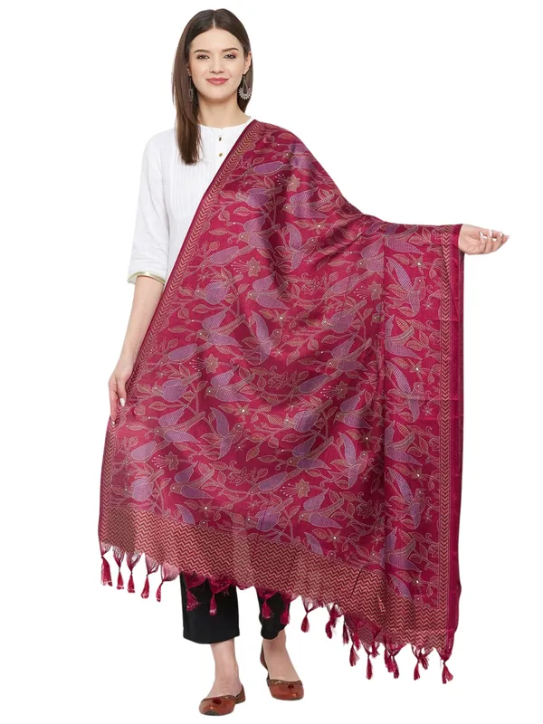 Kantha_Style_Bird_Print_Cotton_Silk_Dupatta_With_Tassels_Maroon
