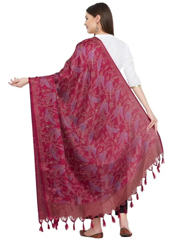 Kantha_Style_Bird_Print_Cotton_Silk_Dupatta_With_Tassels_Maroon