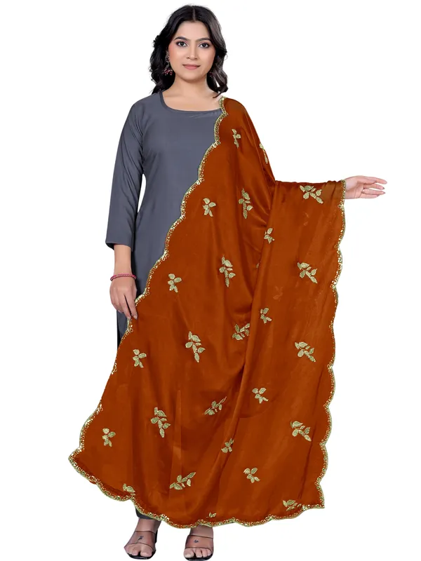 Embroidered_Art_Silk_Dupatta_With_Leaf_Butti_Sequin_Border_Rust