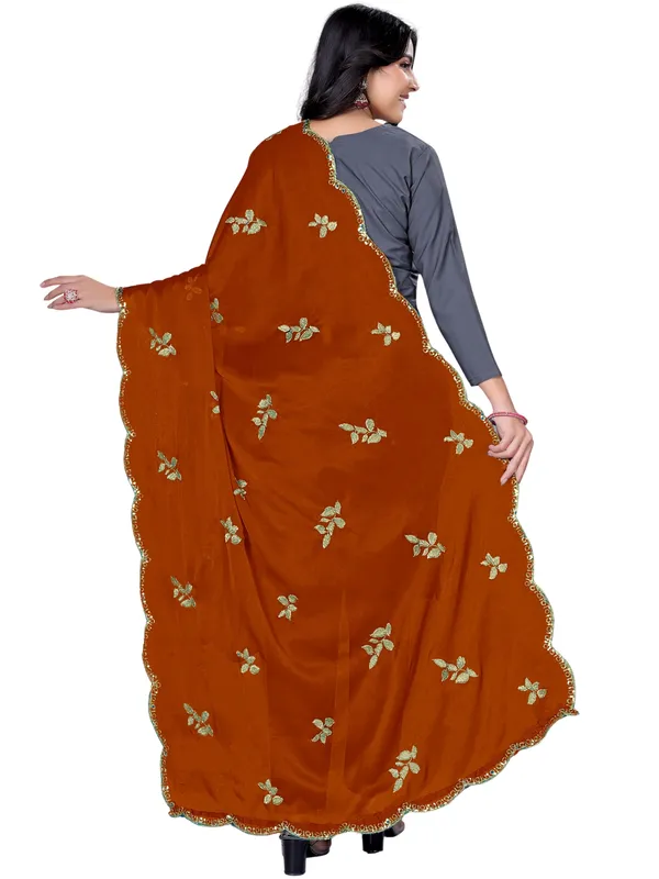 Embroidered_Art_Silk_Dupatta_With_Leaf_Butti_Sequin_Border_Rust