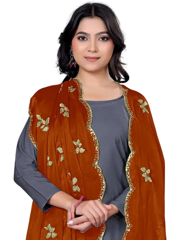 Embroidered_Art_Silk_Dupatta_With_Leaf_Butti_Sequin_Border_Rust