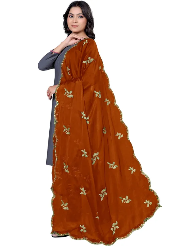 Embroidered_Art_Silk_Dupatta_With_Leaf_Butti_Sequin_Border_Rust