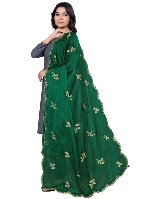 Embroidered_Art_Silk_Dupatta_With_Leaf_Butti_Sequin_Border_Green