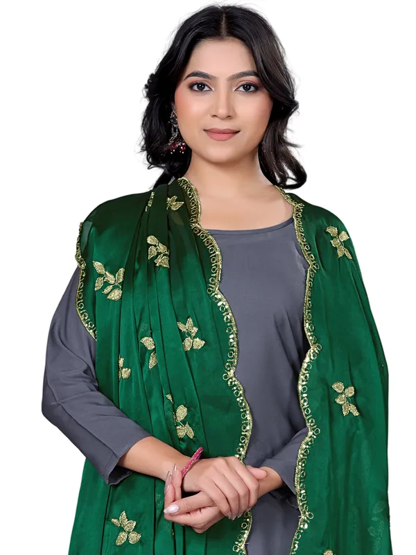 Embroidered_Art_Silk_Dupatta_With_Leaf_Butti_Sequin_Border_Green