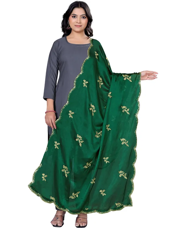 Embroidered_Art_Silk_Dupatta_With_Leaf_Butti_Sequin_Border_Green