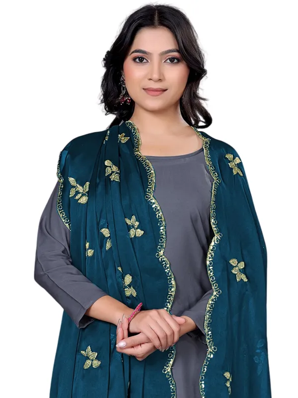 Embroidered_Art_Silk_Dupatta_With_Leaf_Butti_Sequin_Border_Kerosin_Blue