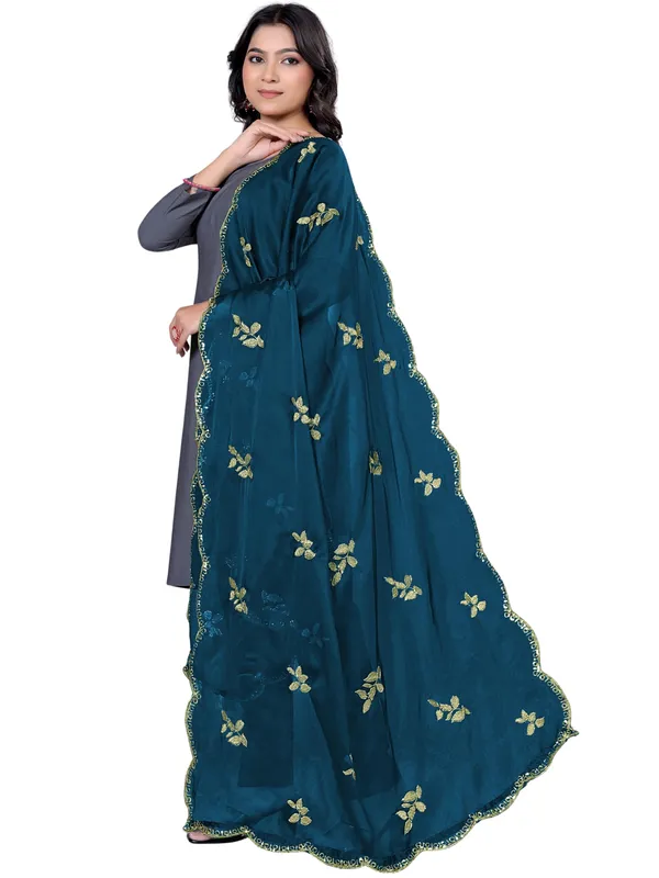 Embroidered_Art_Silk_Dupatta_With_Leaf_Butti_Sequin_Border_Kerosin_Blue