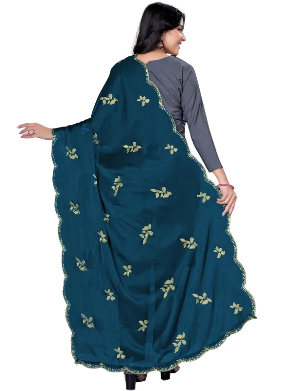 Embroidered_Art_Silk_Dupatta_With_Leaf_Butti_Sequin_Border_Kerosin_Blue