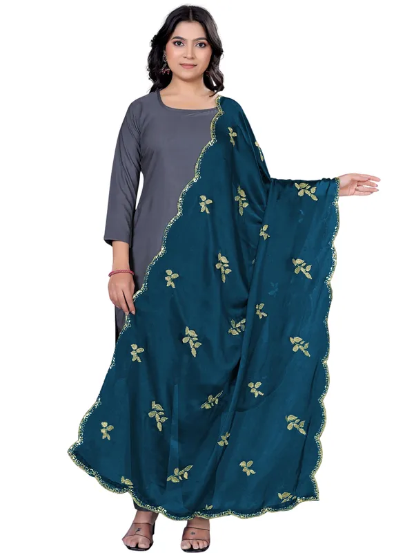 Embroidered_Art_Silk_Dupatta_With_Leaf_Butti_Sequin_Border_Kerosin_Blue