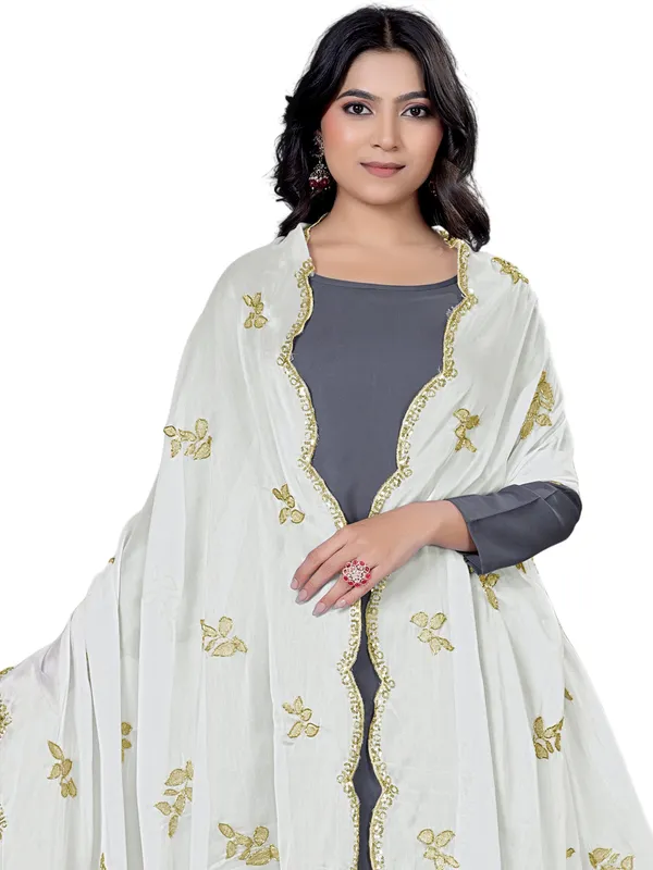 Embroidered_Art_Silk_Dupatta_With_Leaf_Butti_Sequin_Border_White