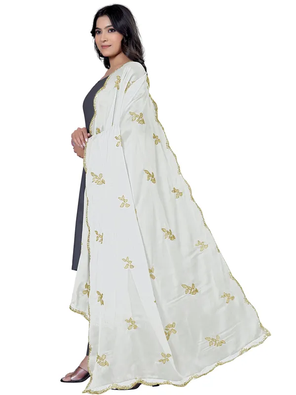 Embroidered_Art_Silk_Dupatta_With_Leaf_Butti_Sequin_Border_White