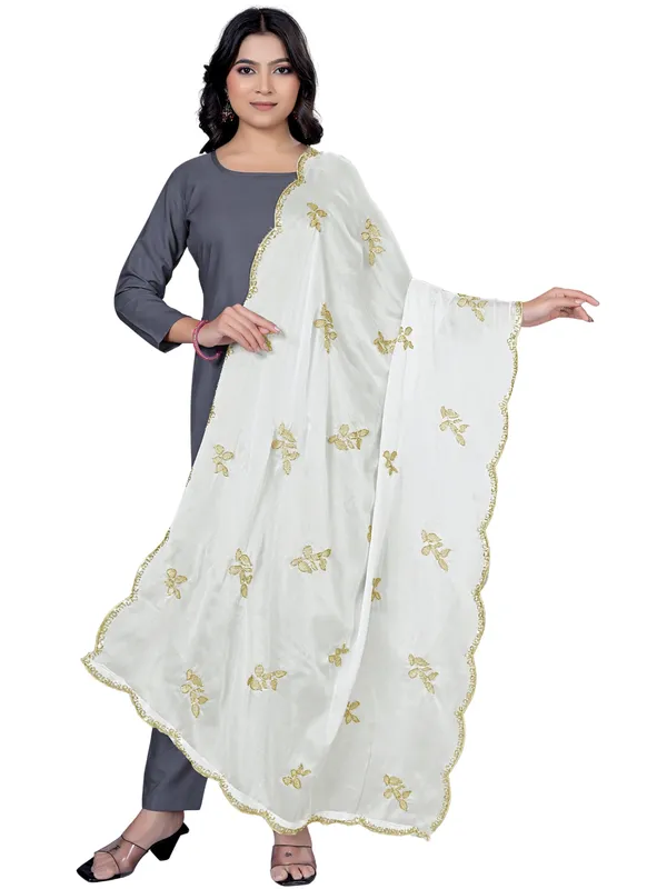 Embroidered_Art_Silk_Dupatta_With_Leaf_Butti_Sequin_Border_White