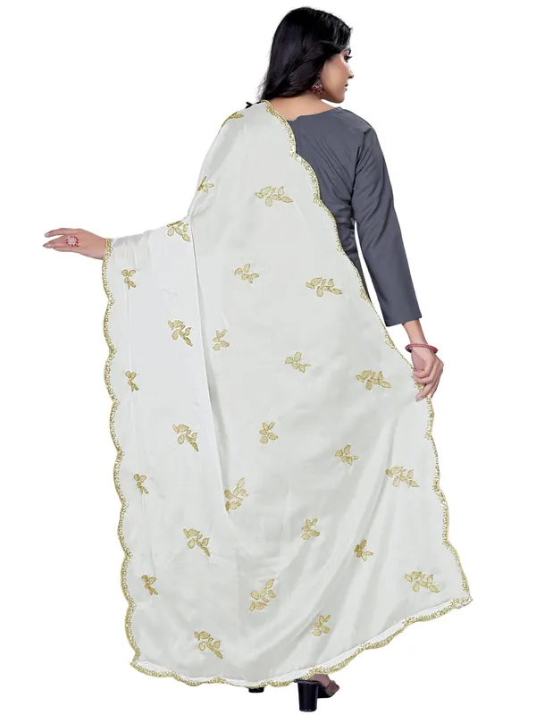 Embroidered_Art_Silk_Dupatta_With_Leaf_Butti_Sequin_Border_White