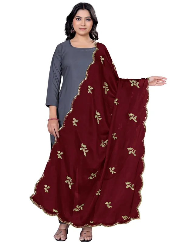Embroidered_Art_Silk_Dupatta_With_Leaf_Butti_Sequin_Border_Maroon