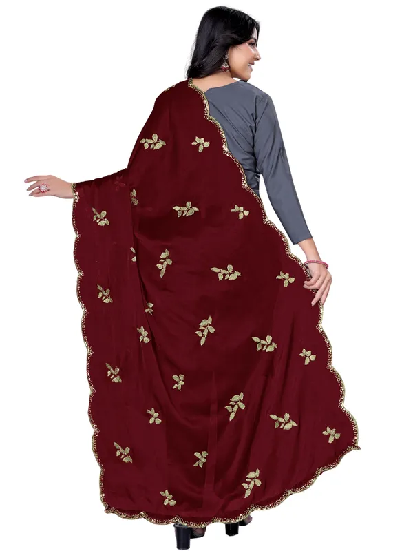 Embroidered_Art_Silk_Dupatta_With_Leaf_Butti_Sequin_Border_Maroon