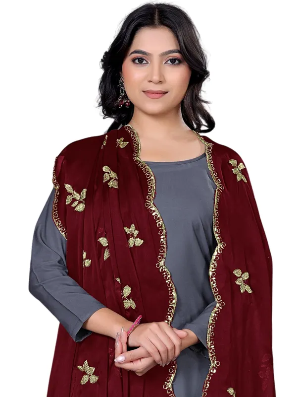 Embroidered_Art_Silk_Dupatta_With_Leaf_Butti_Sequin_Border_Maroon