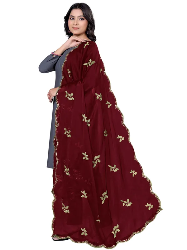 Embroidered_Art_Silk_Dupatta_With_Leaf_Butti_Sequin_Border_Maroon
