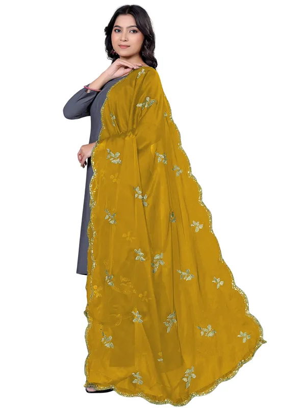 Embroidered_Art_Silk_Dupatta_With_Leaf_Butti_Sequin_Border_Mustard_Yellow