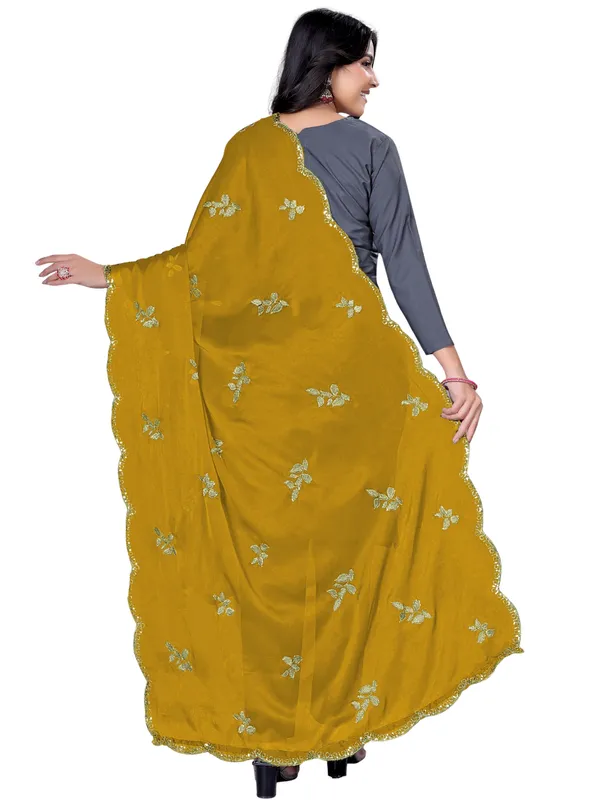 Embroidered_Art_Silk_Dupatta_With_Leaf_Butti_Sequin_Border_Mustard_Yellow