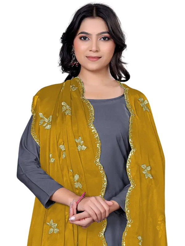 Embroidered_Art_Silk_Dupatta_With_Leaf_Butti_Sequin_Border_Mustard_Yellow