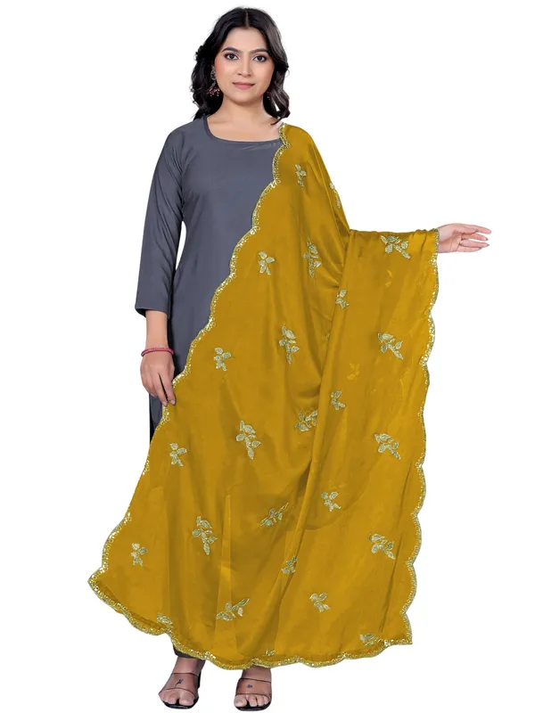 Embroidered_Art_Silk_Dupatta_With_Leaf_Butti_Sequin_Border_Mustard_Yellow