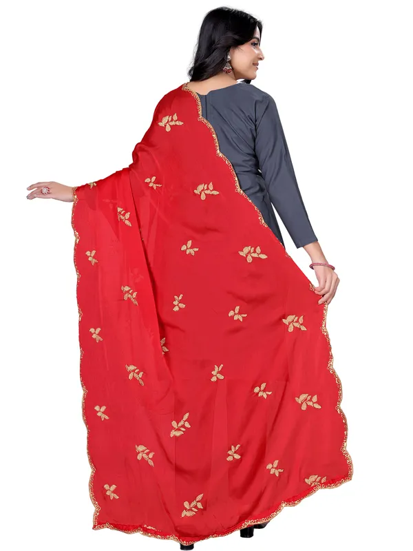 Embroidered_Art_Silk_Dupatta_With_Leaf_Butti_Sequin_Border_Red