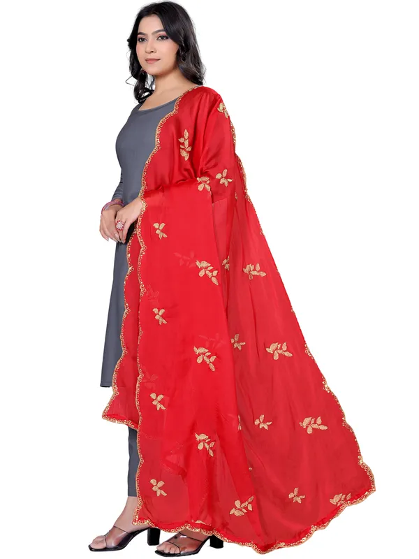 Embroidered_Art_Silk_Dupatta_With_Leaf_Butti_Sequin_Border_Red