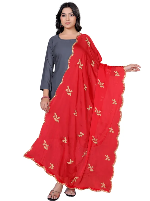 Embroidered_Art_Silk_Dupatta_With_Leaf_Butti_Sequin_Border_Red